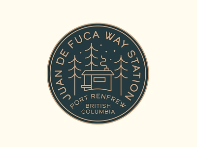 Juan de Fuca Way Station Logo badge branding camping caribou creative forest laura prpich log cabin logo monoline pnw vancouver island vector