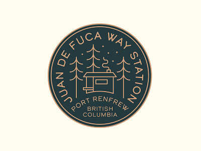 Juan de Fuca Way Station Logo badge branding camping caribou creative forest laura prpich log cabin logo monoline pnw vancouver island vector