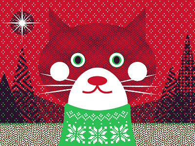 Xmas Kitty postcard (red) design holiday illustration layout postcard screenprint vector