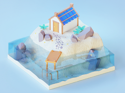 Little island 3d 3dcg beach blender blender 3d blenderrender blue cg house island isometric wave