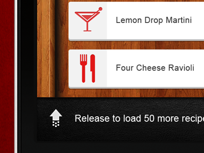 Recipes Mobile App - bottom part bottom button dring food icon mobile more recipes refresh release twitter like update wood