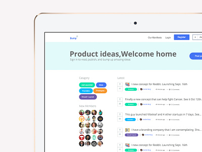 Bump.io Place for Product Ideas bump ideas listing product hunt products reddit social network upvote