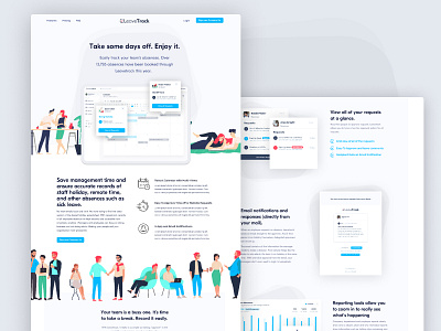 Leavetrack Landing Page branding dashboard design lander landing landing page landingpage logo material saas saas landing page saas website time off ui ux vector webflow website