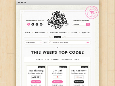 LoveMyCodes v2 black brand coupons girls homepage pink ribbon script seal website