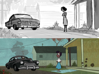 A More Perfect Union - storyboard vs. final a more perfect union background background painting cartoon process storyboard storycorps theresa burroughs