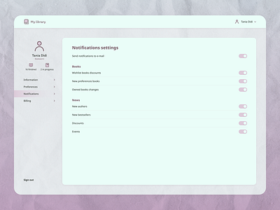 Daily UI - Settings - 007 dailyui dailyuichallenge design desktop library notifications pink settings ui webpage