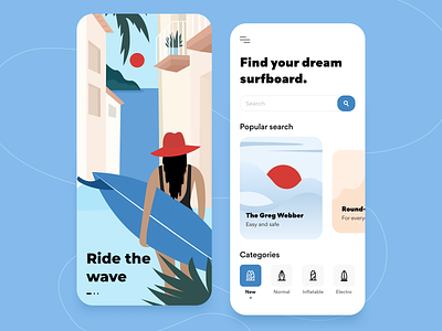 Surf Store - IOS Application abstract adobe illustrator application arounda cards clean concept ecommerce figma illustration interface ios minimal mobile product design store surfing trip ui ux