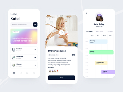 Kids education - Mobile app activities application arounda concept courses education figma icons interface kids learning platform mobile app online course product design schedule search startup teaching ui ux