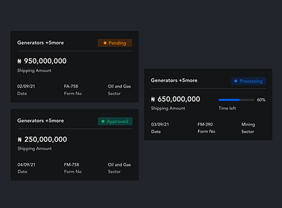 Cards- Dark Mode analytics approved cards dashboard pending processing status time left ui uidesign