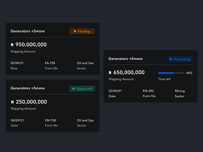 Cards- Dark Mode analytics approved cards dashboard pending processing status time left ui uidesign