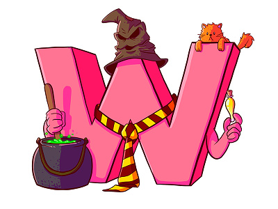 W for Wiccaphobia 36 days of type alphabet cartoon character gryffindor illustration magic phobia type typography vector witch