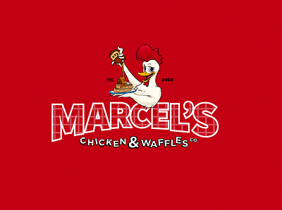 Marcel's Chicken and Waffles apparel branding character chicken food illustration logo puerto rico waffle