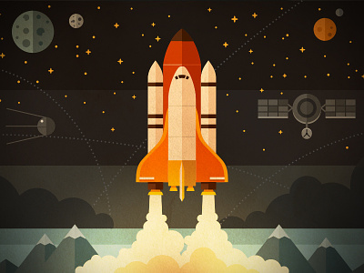 Illustration for the Fireart web studio blog flat graphic illustration planet rocket satellite space shuttle start