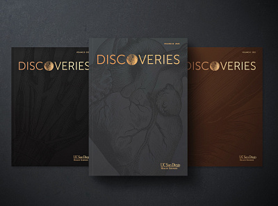 Discoveries 2020 Cover Designs book cover editorial education emboss foil gold healthcare heart magazine university