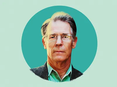 Portrait of author Kim Stanley Robinson art design editorial fiction green headshot highlight illustration magazine orange painting person retouching science university yellow