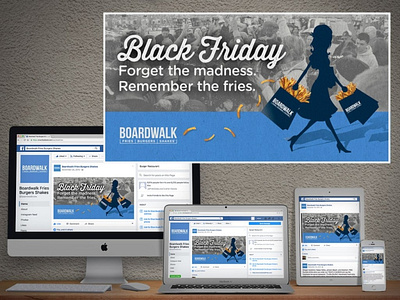 Boardwalk Black Friday Facebook Ad black friday black friday sale copywriter crowd facebook facebook ad french fries grayscale shopper shopping silhouette woman