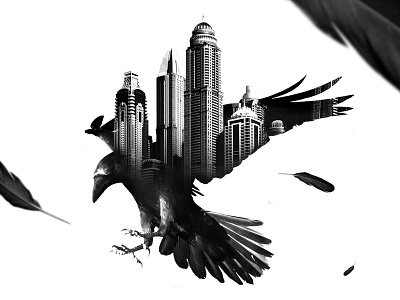 Raven bird black and white cuervo doble exposicion double exposure raven