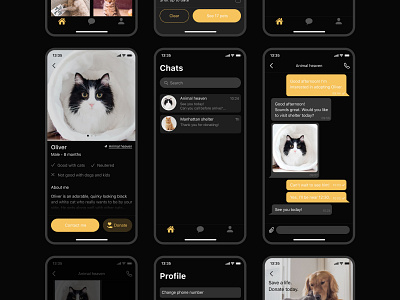 Pet care app | dark mode version adoption app application cat chat clean ui dark ui design dog donate figma ios minimal minimalistic mobile app pets simple clean interface ui ux yellow