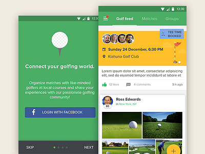 Golf app android app cards feed golf login material design tabs tutorial ui ux