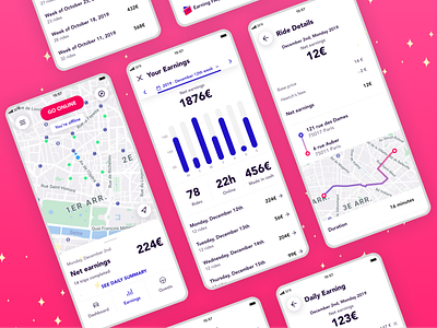 Driver Earnings Dashboard - Heetch Mobile Application driver earning flamingo graphic heetch mobile stats uber ui