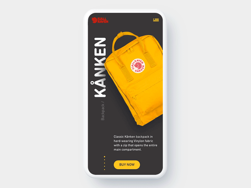 Fjällräven Kånken Backpack Animation animation backpack dark mobile product shop ui yellow