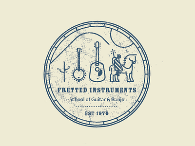 Fretted Instruments badge banjo cactus fretted guitar halftone hills horse instruments rider school