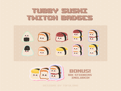 Cute Sushi Twtich Subbadges & Loyalty Badges Stream Package branding cute twitch subbadges design designs for streamer illustration loyalty badges streamer subbadges twitch twitch designs twitch logo twitch overlay twitch stickers twitch streamer twitch subbadges twitchemote twitchemotes