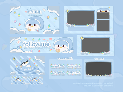Cute Twitch Stream Package Design Summer Vibe Belly the Penguin 2d best designs for streamers cute branding for streamers cute character designs cute stream designs cute twitch designs cute twitch overlay cute twitch packages illustration professional stream designs stream packages streamer streamer starter pack twitch twitch overlay twitchemotes