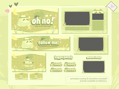 Cute Twitch Design & Overlay - Pastel Green Kappa Stream Package animalcrossing twitch cute twitch design esports twitch designs friends stream package gamer girl designs gamer twitch design illustration kawaii twitch designs pastel green twitch popular stream packages stream overlay stream package swamp kappa twitch overlays twitch twitch kappa twitch overlay vector