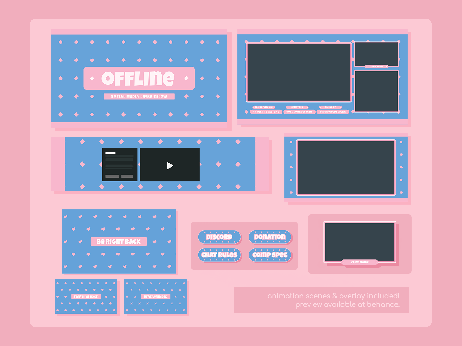 Simple Pink Blue Patterns Stream Overlay for Twitch Youtuber by