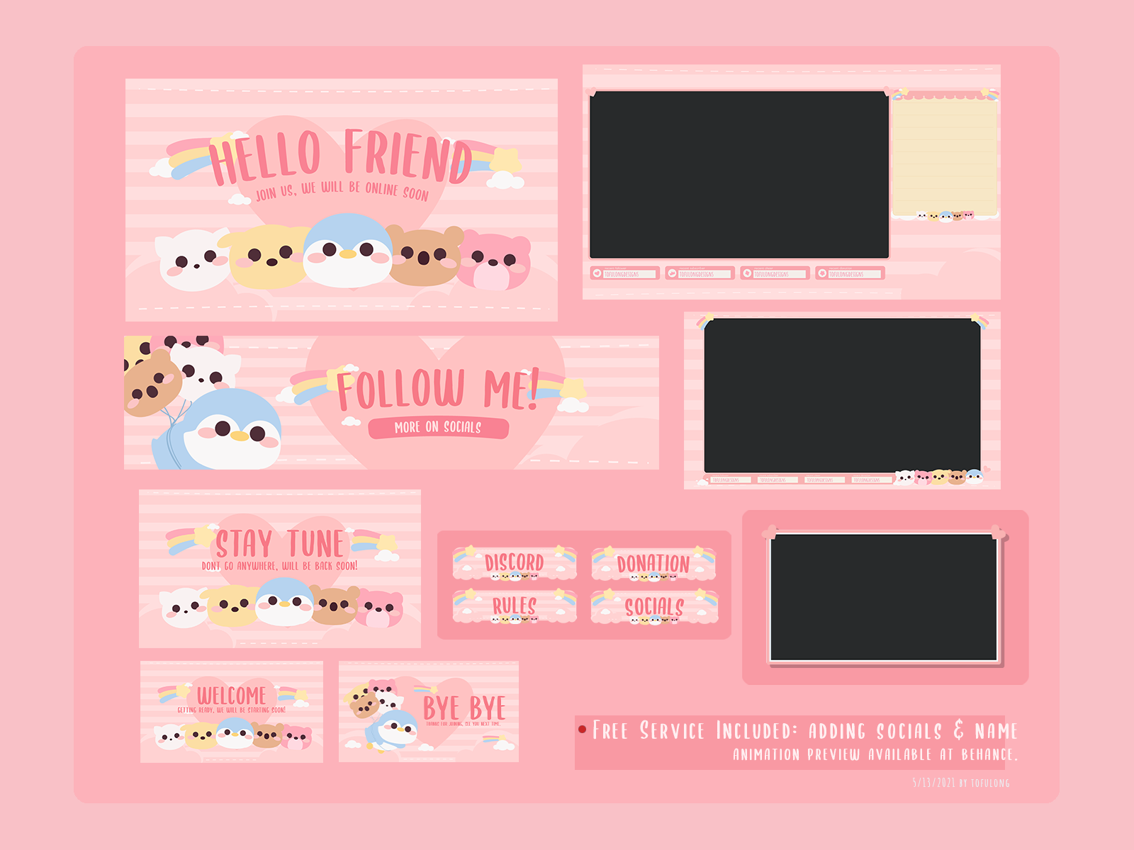 Streaming Panels Screens Banner Computer Kawaii Twitch Customizable Stream Overlay Package Cute Black Pink Pixel