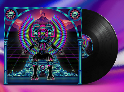 Sacred Sauce - Album Cover Art 80s style adobe illustrator album art album artwork album cover album cover design aztec design digital art digital illustration illustration illustrator mayan neon colors psychedelic retrowave synthwave temple vector volcano