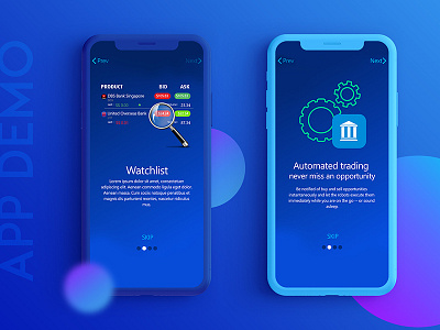 app features Demo app demo step by step blue finance mobile ui next skip ui ux vibrant