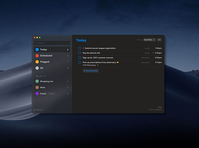 macOS Reminders apple concept dark dark mode dark ui desktop macos redesign redesign concept uidesign uiux