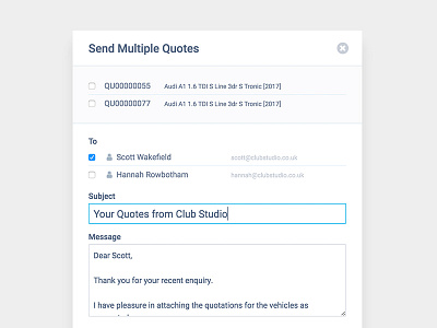 CRM Send Multi-Quote club studio crm email flow modal popup quotes ui ux web app web design