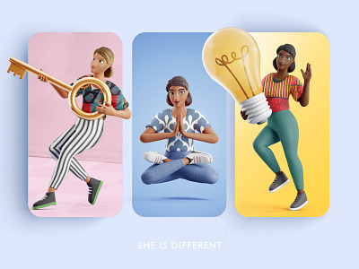 She is different 3d 3d character cartoon changeable character design illustration