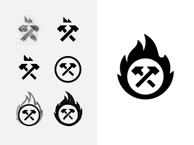 Logo mark process blacksmith branding enclosure fire flame hammers illustration logo logodesign process