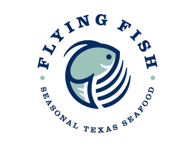 Flying Fish logo fish swim water circular circle iconic logo seafood food texas blue aqua green serif