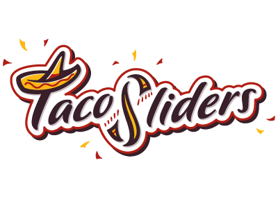 Taco Sliders logo black brown confetti food fun hat logo mexican playful red restaurant script serape sombrero taco type yellow