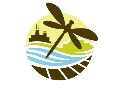 Nature Boardwalk logo dragonfly zoo chicago boardwalk nature outdoors pond scene skyline brown green lime blue circle circular logo illustration illustrative insect fly
