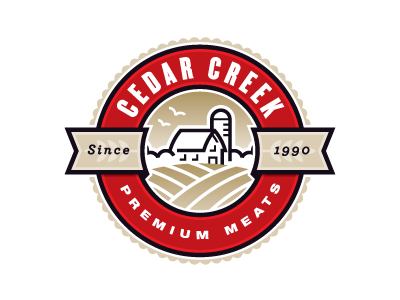 Food product logo concept circle circular red ranch farm house silo birds scene brown tan gold ribbon land farming meat food grocery processed sausage crest logo illustrative