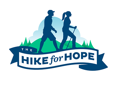 Fundraising Event Logo banner design event fundraiser hike hiker hill hospice illustration logo nature people
