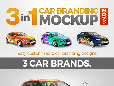 3in1 Car Branding Mock Up Vol.02 3d render a3 auto automobile branding car definition design different easy graphic high layers leon mockup photoshop psd rapid simple smart objects
