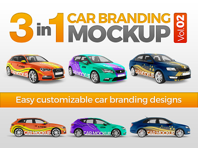 3in1 Car Branding Mock Up Vol.02 3d render a3 auto automobile branding car definition design different easy graphic high layers leon mockup photoshop psd rapid simple smart objects