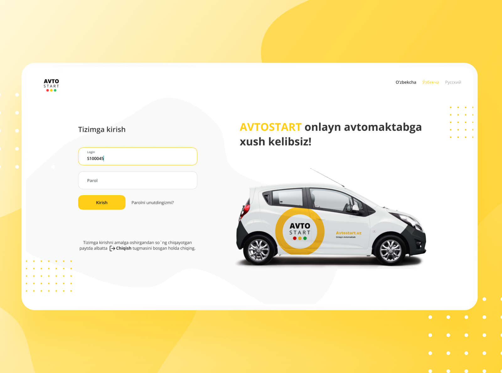 Avtostart.uz online driving school login page by Abdulaziz Mardonov on