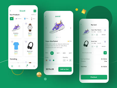 Ecommerce Mobile App Home, Product Details and Cart Page
