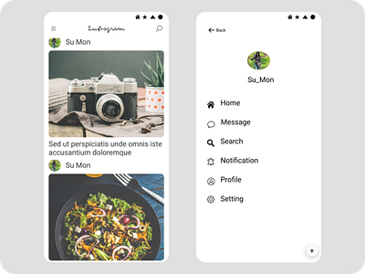 Home and Menu clone home home screen instagram instagram post menu mobile mobile app mobile app design mobile ui mockup simple