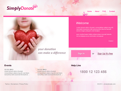 Website landing page design donate heart landing page layout pink ui web