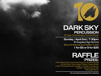 10 Year Anniversary 10 year anniversary announcement dark sky percussion poster raffle