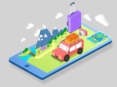 Isometric Travel Adventure. With Maps And Camera 3d adventure car design isometric isometric design isometric illustration travel travelling vector